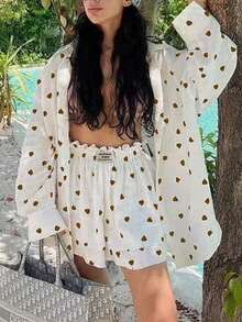 Women's Fashion Heart Print Casual 2 Pieces Set