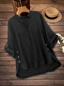 Áo sơ mi cổ chữ V màu trơn, dáng rộng, cài nút, chất liệu đen, thích hợp cho mùa xuân. - màu đen - Xem 3