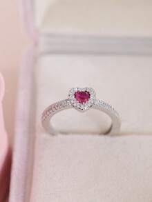 1 件时尚简约甜美紫红色心形锆石女士可调节戒指，银色珠宝礼物，适合送给女朋友、订婚、婚礼、日常佩戴、万圣节、圣诞节