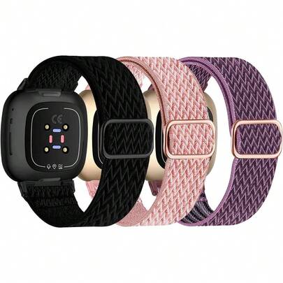 3 Pack Elastic Nylon Straps Compatible For Fitbit Versa 4/Versa 3/Sense 2/Sense Strap, Stretchy Adjustable Fabric Breathable Replacement Straps For Wo