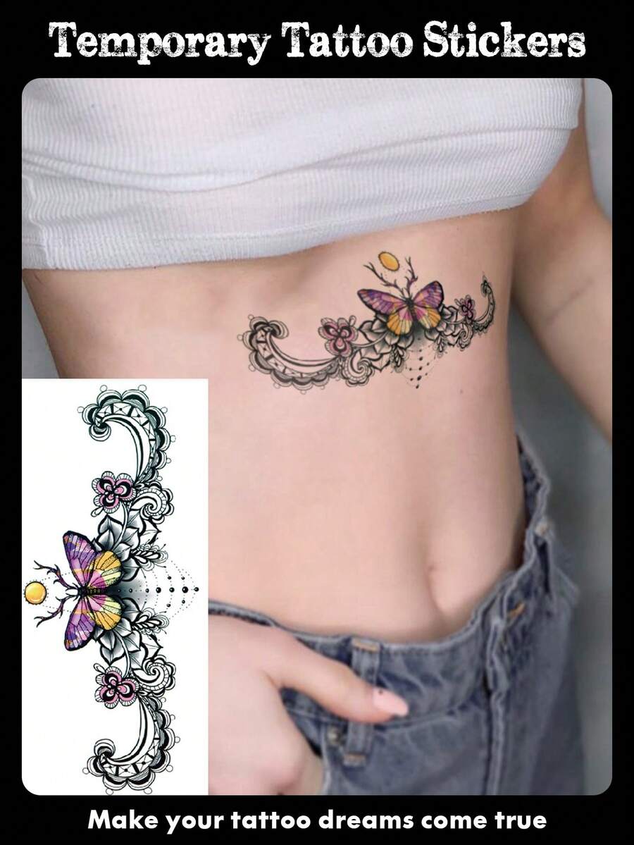 1 hoja de tatuaje temporal impermeable con estampado de mariposa estilo europeo y americano Y2K, apto para brazos, pecho, hombros, cintura, espalda, decoración corporal apta para hombres y mujeres, ideal para fiestas, vacaciones, regalos, festivales, Halloween