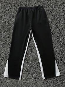 Pantalones sanitarios modernos y modernos para hombre con estampado de contraste de color y patrón de llamas, pantalones para hombre con diseño de contraste de color con cordón, tela de poliéster transpirable y antitranspirante, con bolsillos y cintura elástica, estilo callejero underground, patineta, hip-hop y rap. - Negro - Ver 2