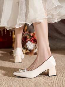 Elegant Women's Pointed Toe Chunky Heel Pumps, New Stylish Buckle Closure High Heels For Work, Fall, Autumn, Beige