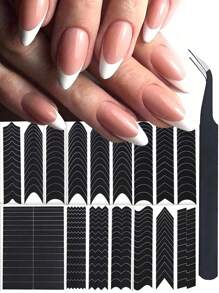 6 Sheets 234pcs/1 Sheet 39pcs Simple French Nail Art Stickers Moon V Design Self-Adhesive French Tip Nail Guides DIY Base French Manicure Decoration Template Tools