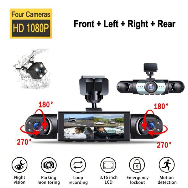 4Channel Dash Cam 360° View, Front And Rear Inside, Left And Right Dash Camera For Cars, 8 IR Lamps Night Vision, Wide Angle, Loop Recording, G-Sensor, Parking Monitoring