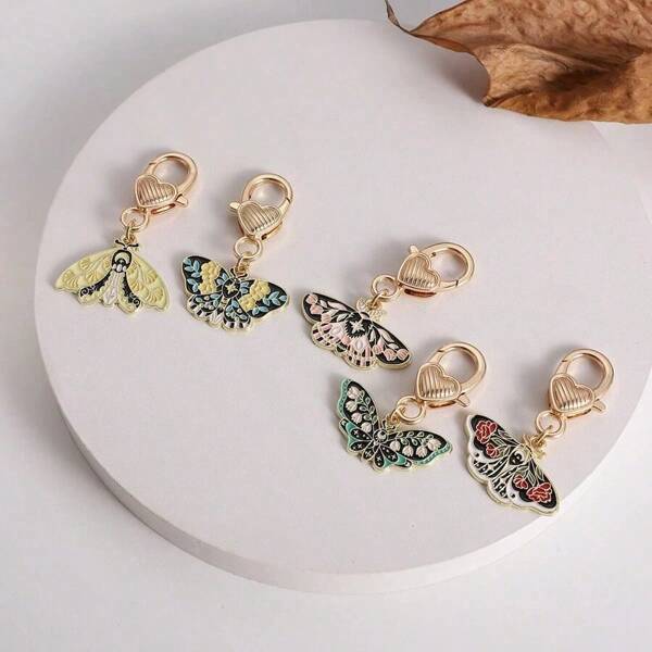 5pcs Metal Keychain Butterfly & Moth Pendant, Colorful Insect Butterfly Pendant DIY Decor Accessories, Suitable For Valentine's Day, Car Accessories, School, Wedding Decoration, Bridesmaid Gifts