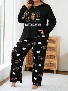 Pijama superior de manga larga de punto de poliéster con retrato de cumpleaños personalizado y gráfico divertido para mujeres, estilo casual, estiramiento medio, colección de otoño/invierno, ropa de hogar talla grande para adultos, cómoda