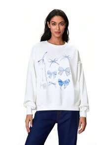 Women Sweatshirt, Long Sleeve Crew Neck Bow Print Hoodie Pullover Casual Fall Tops - 白色 - 查看 1