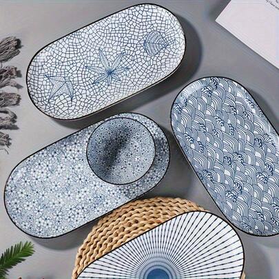1/2pcs Japanese 12-Inch Fish Plate, Underglaze Color Ceramic Bowl Tableware – Blue And White Porcelain Dish