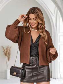 Women's Knitted Winter Coat With Puff Sleeves, Simple, Knitted - Café integral - Ver 2