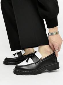 Men's Casual Thick Sole Slip-On Solid Black Leather Shoes, Student Flat Shoes, Formal Business Shoes, Tasseled Casual Loafers, Work Boots Old Money Chic Autumn