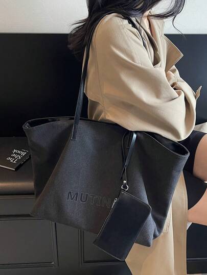 Large Capacity Black Letter Magnetic Closure Tote Bag, Fashion Minimalist One Shoulder Bag With Coin Purse, Casual Versatile Handbag Suitable For Daily Use, Commuting, Work, School, Travel, Shopping