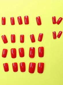 24 Peças Adesivos de Unhas Sólidos Vermelhos Brilhantes para Outono/Inverno, Conjunto de Unhas Artificiais Quadradas Médio-Longas, Cobertura Total para Mulheres