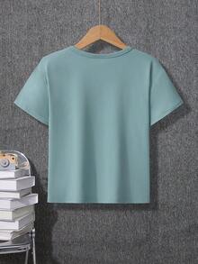 Young Boy Letter Slogan Print Round Neck Short Sleeve T-Shirt - Dusty Blue - View 3