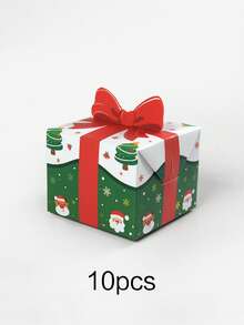 10 piezas/1 pieza Cajas de regalo con diseño de lazo 3D de tema navideño rojo y verde clásico, impresión de elementos navideños en múltiples lados, cartón resistente y no deformable, con patrón de Papá Noel y árbol de Navidad, forma exquisita y adorable de caja de regalo cuadrada, adecuada para almacenar pequeños regalos navideños, joyas, tarjetas de felicitación, dulces, decoración de escena navideña, recuerdos de fiesta navideña, agregando una atmósfera cálida a la Navidad