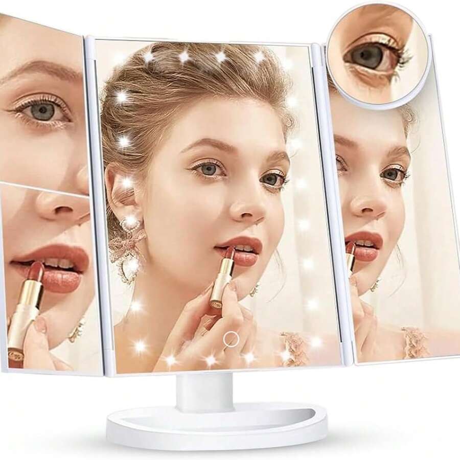 Vanity Makeup Mirror 1x/2x/3x Tri-Fold Makeup Mirror With 21 LED Lights And Adjustable Touch Screen Lighted Mirror Dressing Mirrors For Women - Blanco - Ver 1