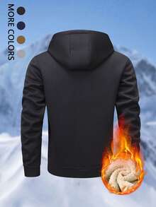 男士冬季保暖连帽衫，多口袋加厚套头卫衣，可调节抽绳帽，罗纹袖口和拉链前襟设计，适合户外徒步、慢跑、钓鱼、健身和休闲穿着，防风保暖内衬，男士冬季外套 - 黑色 - 查看 3