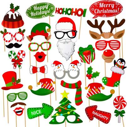 32pc Set Christmas Photo Booth Props - Christmas Party Decorations, Christmas Games, Christmas Party Favors & Supplies For Kids Adults - Christmas Photo Props Christmas Table Decorations Accessories