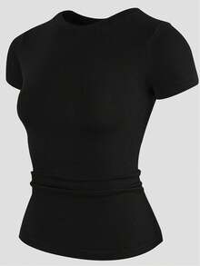 1-Pack Casual Solid Color Sports Top, Seamless Short-Sleeved Round Neck T-Shirt, Comfortable To Wear, Suitable For Daily Life And Sports, Base Underwear - 黑色 - 查看 1