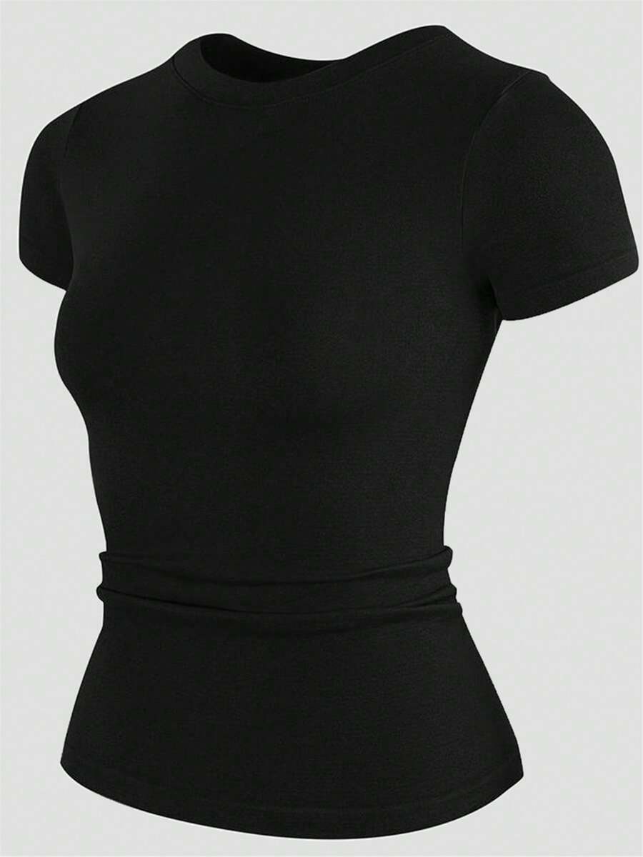 1-Pack Casual Solid Color Sports Top, Seamless Short-Sleeved Round Neck T-Shirt, Comfortable To Wear, Suitable For Daily Life And Sports, Base Underwear - 黑色 - 查看 1