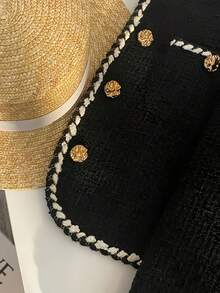 Ladies' Color-Blocked Tweed Jacket With Front Buttons, Retro And Elegant Short Style, Fashionable For Parties And Office Wear, Casual Tweed Coat, Collarless Top For Autumn - Black - View 11