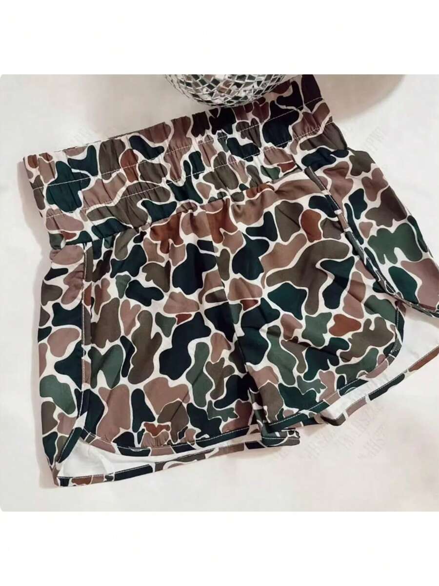 1PCS Sleep Shorts Women, Girls Camo Athletic Beach Short, Camo Shorts Camping - 巧克力棕 - 查看 1