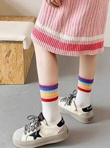 5 paia di calzini a collo tondo per bambini per primavera, autunno e inverno. Spessore medio, elastici, a righe arcobaleno, calzini da ragazza dopamina