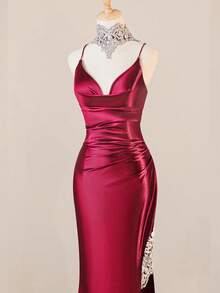 优雅深V领高开衩修身连衣裙，伴娘礼服 - 酒紅色 - 查看 6