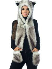 White Wolf Hood Faux Fur Hat With Scarfs Mittens & Paws 3 In 1,Perfect For Halloween - A - 查看 2