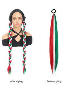 26 Inch High-Temperature Fiber Straight Hair With Elastic Tie, Holiday Red/White/Green Wrap Design, Seasonal Hair Accessory | Fashionable Hair Extensions | Glossy Hair Extensions, Rainbow Ponytail Extensions