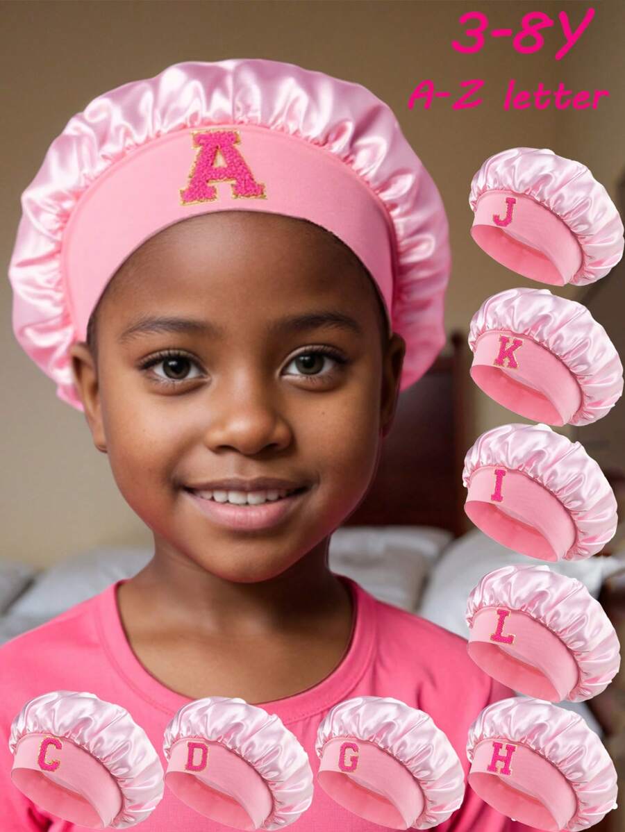 1pc Toddler/Kids 26 Letters Smooth Satin Sleep Cap, Fashionable & Comfortable, Breathable Anti-Slip, Daily Hair Care Hat - Pink - View 1