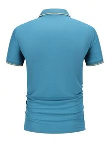Men's Summer Short-Sleeved Golf Polo POLO Shirt, With Yellow Edges On The Collar And Cuffs, And A Classic Polo Riding Pattern On The Chest. The Simple Design Incorporates Classic Brand Elements. The Polyester Fabric Is Comfortable And Wrinkle-Resistant, Suitable For Daily Leisure And Light Business Scenes, Showing Men's Neat And Fashionable Temperament. - 藍色 - 查看 3