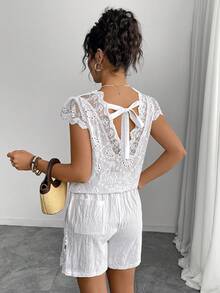 Elegaris Women's Elegant White V-Neck Embroidered Lace Patchwork Ruffle Hem Blouse, Bohemian Style, White Lace Trim, Best Choice For Spring And Summer - White - View 3