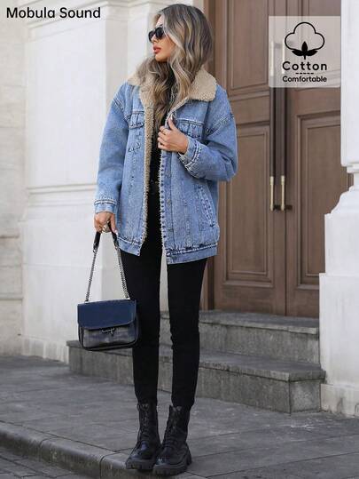 Mobula Sound Casual Sporty Fashionable Blue Y2K Student College Young Windbreaker Jacket For Women, Warm Thermal Lined, Spring Autumn Winter