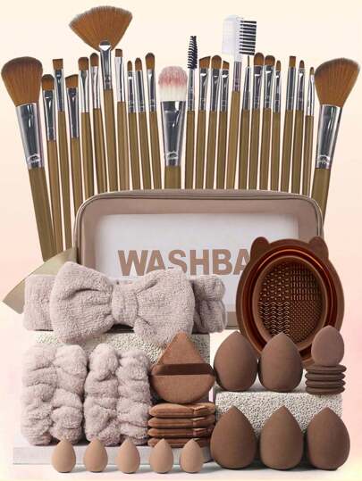 50 pièces Set de pinceaux de maquillage, outils de beauté mixtes, comprenant : 25 pièces pinceaux de maquillage, 1 pièce sac de maquillage, 5 pièces éponges de beauté, 5 pièces houppettes, 5 pièces mini éponges de beauté, 5 pièces mini houppettes pour les doigts, 1 pièce bandeau, 2 pièces bracelets, 1 pièce outil de nettoyage