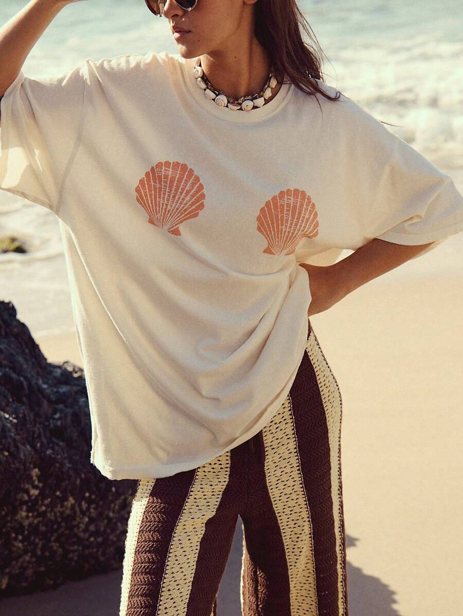 Oversized Shells Print T Shirt For Women Teens Girl Y2K Graphic Short Sleeve Baggy Tee Shirts Loose Fit Vintage Aesthetic Coastal Tops Summer Beach Vacation Preppy Going Out Tops Streetwear - 杏色 - 查看 1