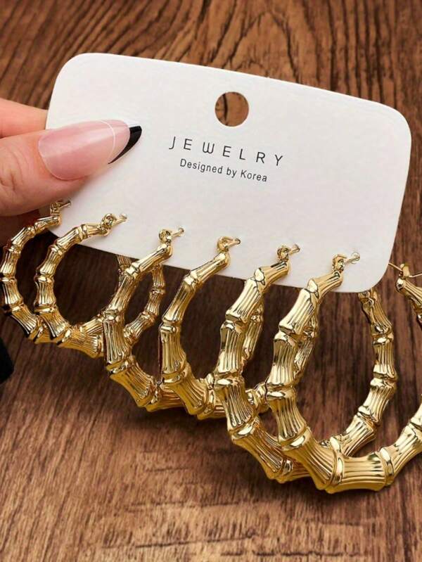 Set Of 3 Pairs Of Fashionable Large Hoop Earrings; Personalized Earrings; Women's Accessories; High-Sense Retro Earrings, Super Light Bamboo Earrings, 6 Pieces/, Party And Daily Wear.