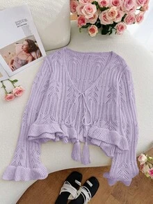Women's Spring Summer Knit Drawstring Cardigan - Flared Sleeves Ruffled Fringe For Date Vacation ,Saint Patrick's Day, Easter - Purple - View 4