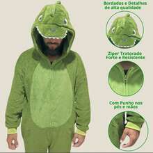 Pijama Temático Fofinho Macacão masculino para Adulto Dinossauro Kigurumi Meninos Original ideal para Festa do Pijama, Viagem, Festa Fantasia, Lazer, Dias Frio Inverno - Verde Escuro - Visão 3