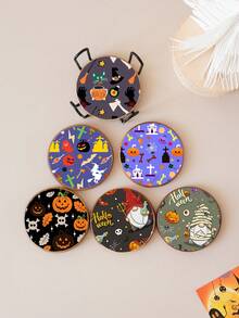 6件套木质杯垫套装带铁架，万圣节彩色蝙蝠图案创意木质杯垫，耐热防滑杯垫适用于咖啡桌、牛奶杯、餐厅、饮料、万圣节礼物，木纹随机 - A - 查看 3