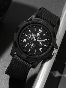 4pcs/Set Men's Watch Set, Fashion Quartz Watch + Versatile Bracelet Set, Classic Round Dial, Comfortable Nylon Strap, Suitable For Daily Wear - Black - View 3