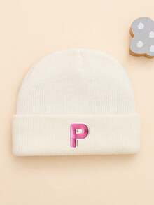 1 peça de gorro de malha branca com estampa de letras rosa bebê, moderno e fofo, macio e confortável, quente, adequado para bebês de 0 a 6 meses, uso diário no outono/inverno