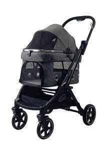 4 轮可折叠宠物推车，带可拆卸可洗面料和减震轮 - 宽敞的多宠物携带箱，适合小型/中型犬/猫，包括储物篮和轻松一键折叠（适合欧洲旅行）