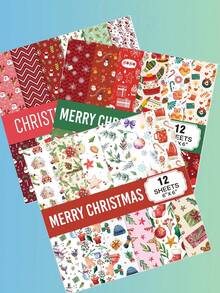 6*6英寸圣诞快乐剪贴簿纸，12张雪人和树叶装饰背景纸，适用于剪贴簿、手工工艺品、礼品包装、圣诞贺卡制作、计划本、日记本、笔记本、派对用品、6英寸工艺纸 - 彩色 - 查看 12