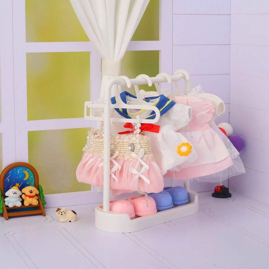 1 Hanging Rack + 5 Clothes Hangers, Compatible Clothing Storage Rack, Display Shelf For Dolls, Toys, Shoes, Garments - Multicolor - View 1