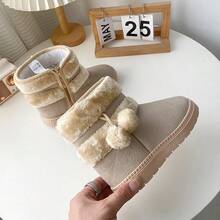 Girls' Soft Sole Anti-Slip Snow Boots, Thermal Lined Warm Short Boots, Thick Toddler Fashion Furball Mid-Calf Boots