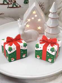 10 piezas/1 pieza Cajas de regalo con diseño de lazo 3D de tema navideño rojo y verde clásico, impresión de elementos navideños en múltiples lados, cartón resistente y no deformable, con patrón de Papá Noel y árbol de Navidad, forma exquisita y adorable de caja de regalo cuadrada, adecuada para almacenar pequeños regalos navideños, joyas, tarjetas de felicitación, dulces, decoración de escena navideña, recuerdos de fiesta navideña, agregando una atmósfera cálida a la Navidad