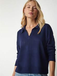 Suéter casual versátil feminino de cor sólida - Azul marinho - Ver 1