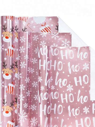1 Roll Christmas Wrapping Paper Mini Rolls, Pink Metal Foil Shiny Paper - Snowflake/Santa Claus /HO Printed Gift Wrapping, Art Handicrafts, Suitable For Holiday Winter Vacation, Family Gatherings, Christmas Design Gift Wrapping Paper, Christmas Party Supplies