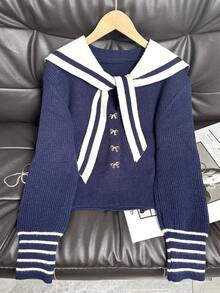 Navy Collar Bow Knit Cardigan, Versatile School Style Sweater